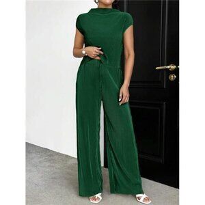 Women'S Stand Collar Batwing Sleeve Top And Wide Leg Pants Set